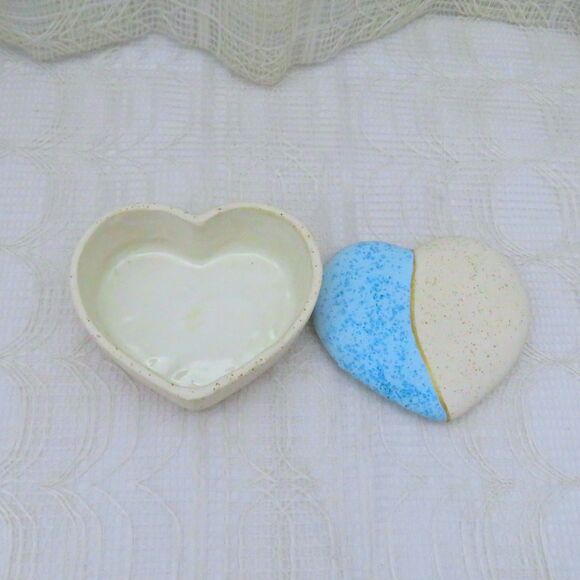 Handmade Ceramic Trinket Dish, Heart Shaped Aqua & Ecru Southwest Style - Picture 2 of 7